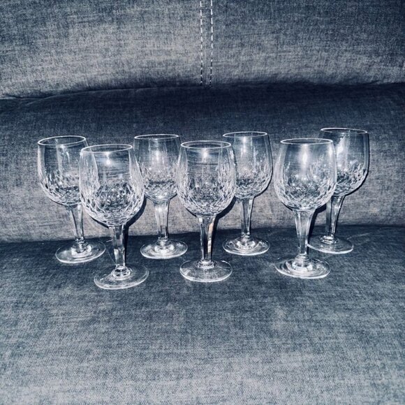 Vtg Royal Doulton Clarendon Cut Water Goblets Crystal Wine Glasses Set of 7 70s - Picture 1 of 7